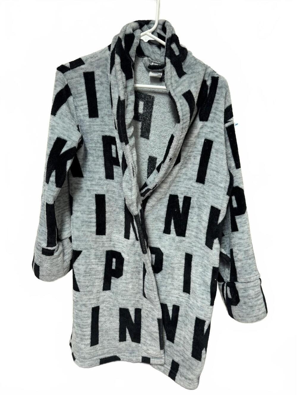 PINK Victoria's Secret Fleece Robe Gray Black Logo XS S